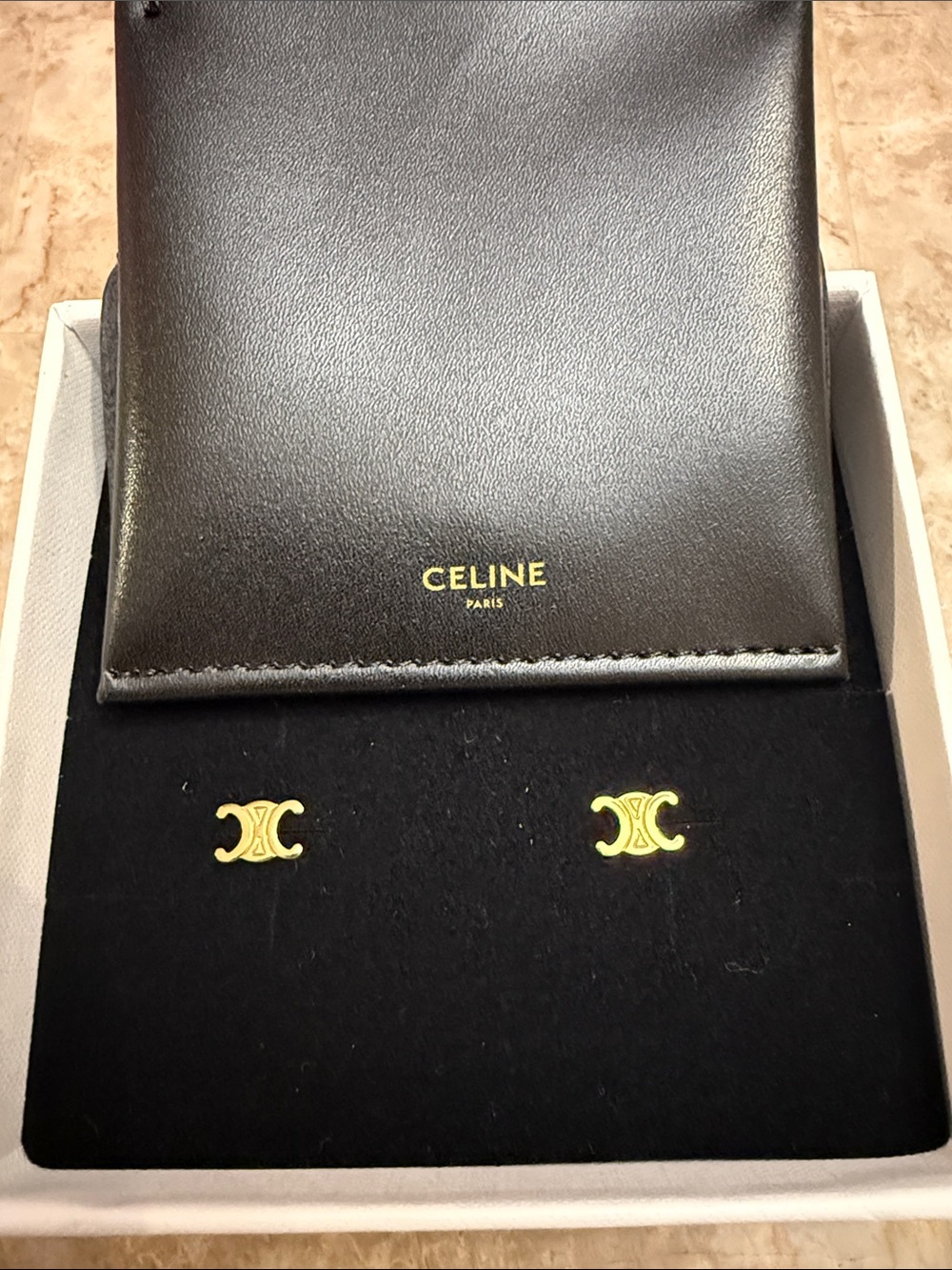 Celine Gold Triomphe Logo Stud Earrings